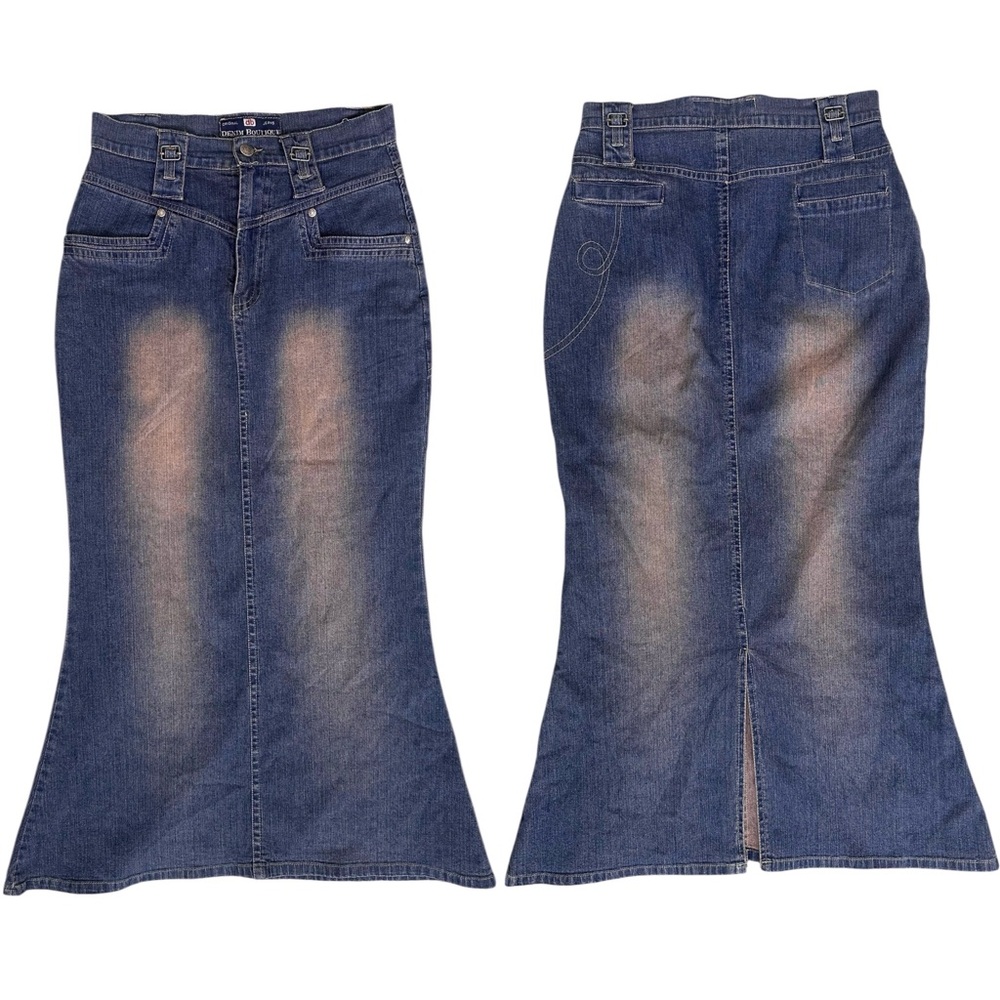 Vintage Y2K Faded Blue Denim Pink-y Beige Faded Denim Trumpet Maxi Skirt Size 30